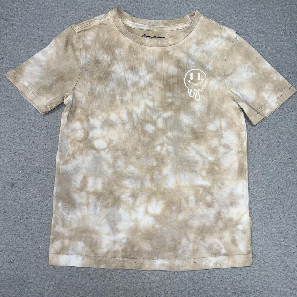 Tommy Bahama T Shirt Youth Sz S (5/6) Brown Tie Dye Melting Smiley Embroider Tee